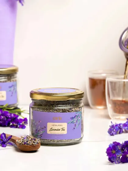 Here, I created a scene showing lavender tea being prepared. The focus is on the jar of loose-leaf tea, with a spoonful of lavender and a freshly poured cup in the background, illustrating the product in use.