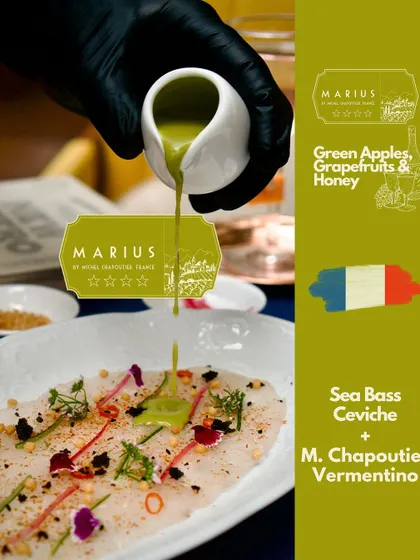 A perfect pairing of our Sea Bass Ceviche with M. Chapoutier MARIUS Vermentino. The wine's notes of green apple and grapefruit cut through the richness of the fish, showcasing how we thoughtfully curate our food and wine pairings.