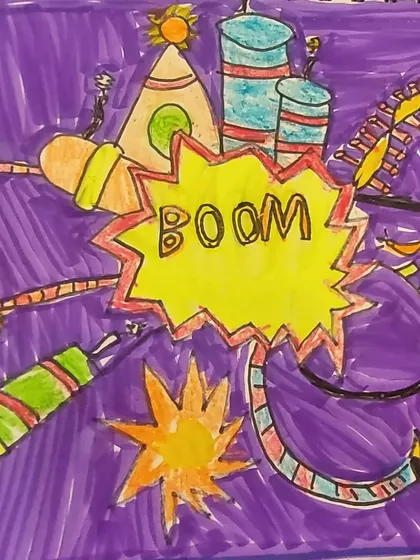 "BOOM!" This artwork filled with firecrackers is a great example of how we teach students to create dynamic and exciting compositions using sound effects and action lines.
