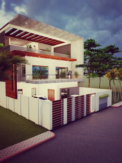 A side-angle view of the villa, emphasizing the depth of the balconies and the clean lines of the concrete structure.