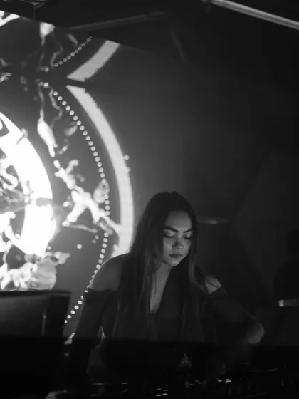 A beautiful black and white photo of me in a moment of quiet concentration at the decks.