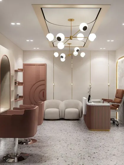 A full view of the salon layout, showing how the reception, waiting area, and styling stations flow together. The cohesive design with its warm tones and gold accents creates a harmonious and upscale environment.