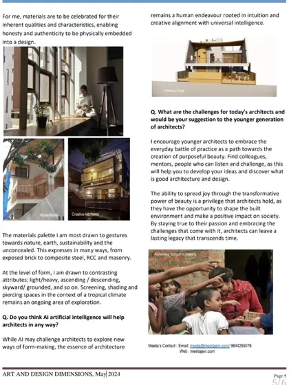 A page from a feature on my work in Art and Design Dimensions magazine. In it, I discuss my philosophy of celebrating materials for their inherent qualities and my encouragement to younger architects to embrace the everyday battle of practice as a path towards purposeful beauty.