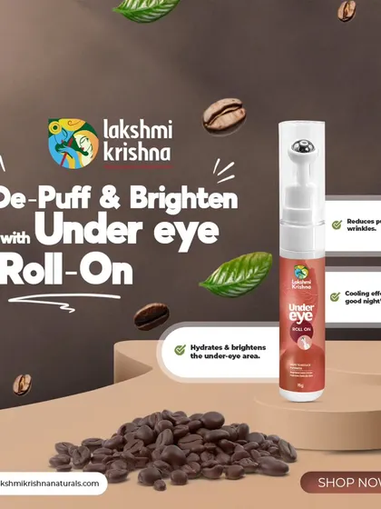 De-Puff and Brighten with our Under Eye Roll-On. This graphic explains how the product reduces puffiness and wrinkles, provides a cooling effect, and hydrates the under-eye area.