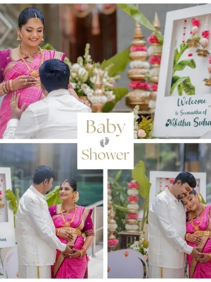 This collage tells a story of the couple's interactions throughout the baby shower, from the husband's loving gesture towards the baby bump to their shared smiles.