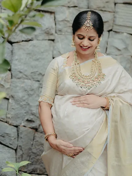 A serene and beautiful shot, capturing the peaceful glow of motherhood.
