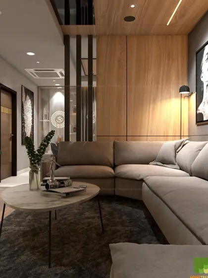 This view showcases how I use partitions and paneling to add depth. The vertical wood slats and glass partition create a sense of separation while allowing light and views to flow through the space.