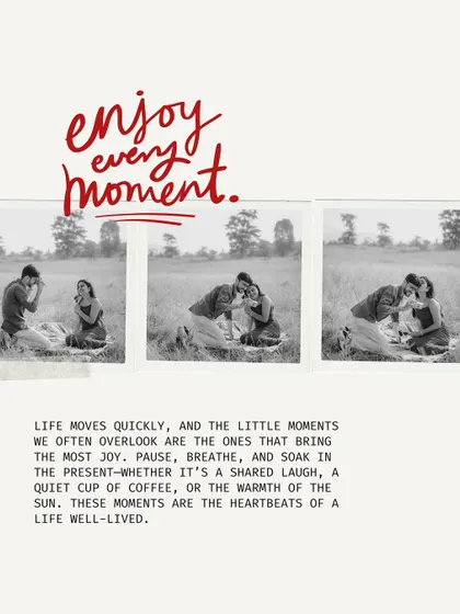 "Enjoy every moment." A black and white triptych that captures the simple joy of a shared laugh during their picnic-themed pre-wedding shoot.