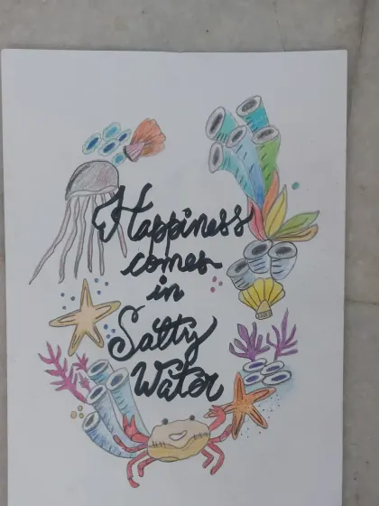 "Happiness comes in salty water." Another one of my personal doodle art pieces, inspired by the ocean. I love sharing my passion for art with my students.
