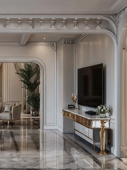 A view of the luxurious classical interior, focusing on the TV console. The ornate gold-legged table, intricate wall moldings, and polished marble floors exude timeless elegance and grandeur.