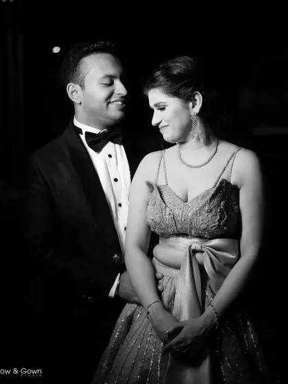 A beautiful black and white portrait focusing on the couple's loving expressions. This is a timeless photo from their engagement session.