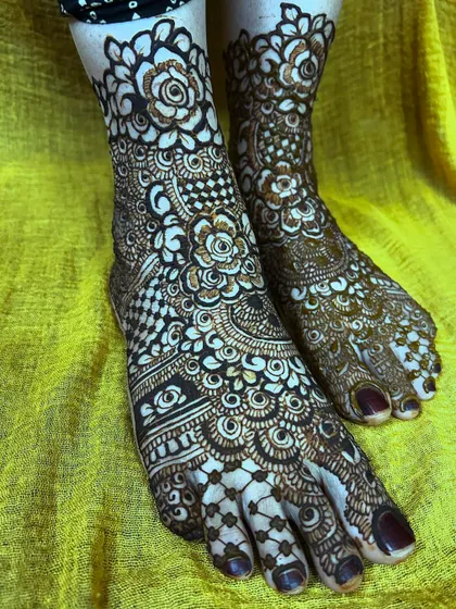 Another angle of the floral and checkerboard foot design, showing how the pattern looks from the side.