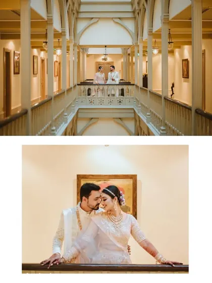 A two-part story showing both a grand, wide-angle shot and an intimate close-up. The beautiful hotel corridor provides a stunning, symmetrical backdrop for this elegant couple's shoot.
