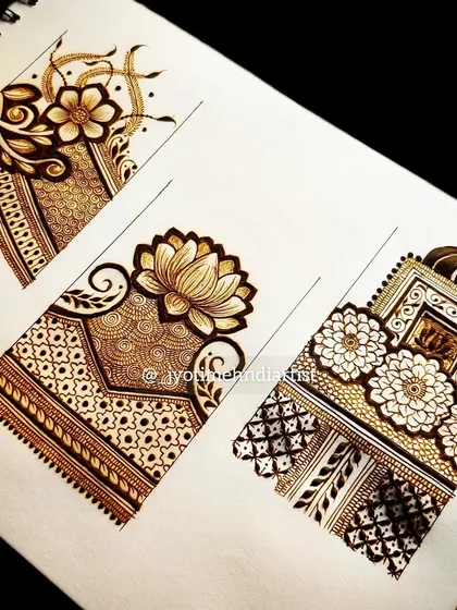 A collection of bridal startup patterns on a sketchpad, featuring floral, lotus, and architectural motifs.