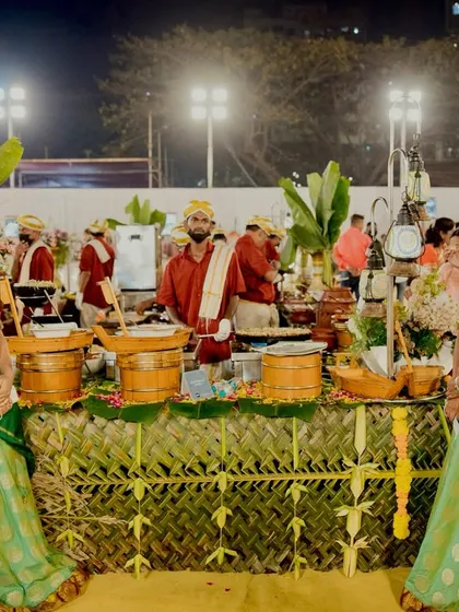 My South Indian food station is a feast for the senses, decorated with traditional elements like banana leaves and staffed by servers in authentic attire to create a fully immersive experience.
