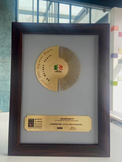 The IIID Antarya 2022 commendation award for Office Space Interiors. This recognition validates my approach to creating functional and inspiring work environments.