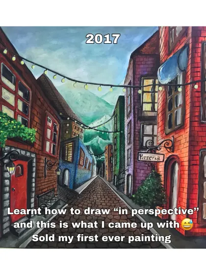 Back in 2017, I was learning how to draw in perspective and created this painting of a charming street alley. This piece is extra special because it was the first painting I ever sold, which was an incredible feeling.