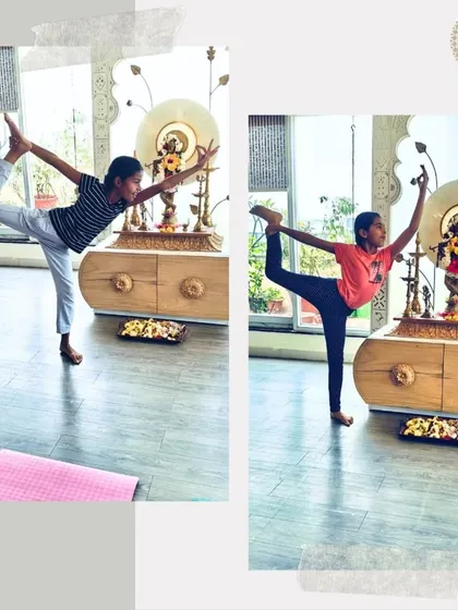 A collage of young students in Natarajasana, each with their unique expression of devotion. Our Bala Shivir encourages individuality within a shared spiritual practice.