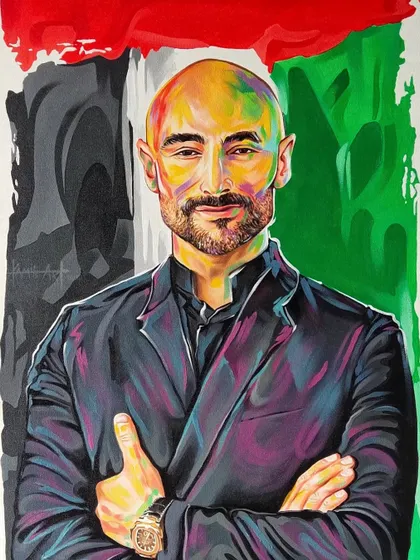 A solo portrait of a CEO, where I used bold colors and sharp contrasts in acrylic to convey a sense of leadership and style.