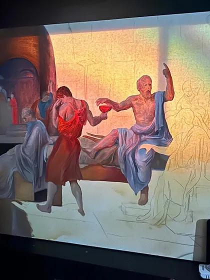 The very first step for the Socrates painting. I used a projector to get the initial outline of the complex composition onto the huge 5x6ft canvas before starting with the paint.