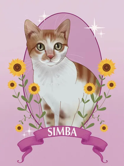 A bright and cheerful digital portrait of Simba the cat. I surrounded him with sunflowers against a pink background to create a warm, sunny vibe that matches his ginger fur.