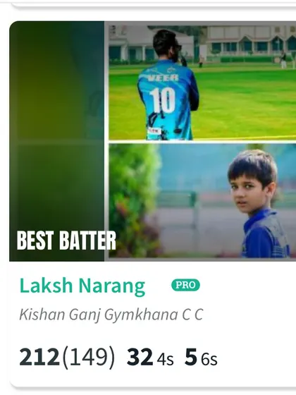 The scoreboard tells the story. A massive 212 runs off 149 balls by Laksh Narang. This is the kind of aggressive and dominant batting we train for at the academy.