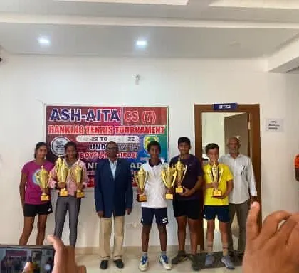 A group of champions at the ASH-AITA CS7 Ranking Tennis Tournament, where our trainee Ishaan Yadlapalli won both the singles and doubles titles.