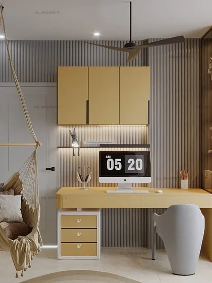 Kids' spaces should be interesting and playful. This room features a bunk bed with a safety net, a cozy hanging swing, and a world map wallpaper, creating a refreshing and fun environment.