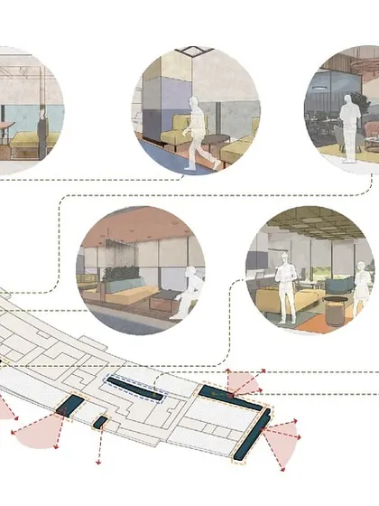 Our design process includes mapping out key zones like collaborative areas. This diagram shows how we strategically place breakout areas along the periphery to maximize access to natural light and views.