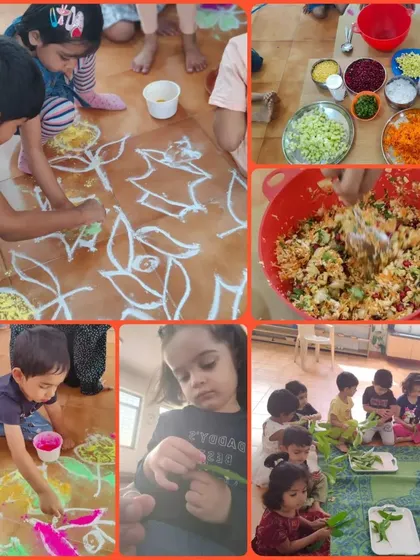 This collage captures the vibrant spirit of our Ugadi celebration, from making leaf decorations to creating colorful rangolis and preparing traditional foods.