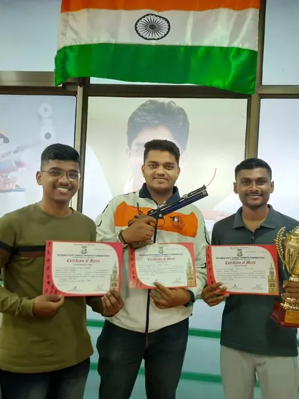 Our winning team from the Chembur range, Shubham, Umaji, and Aniket, celebrating their team gold medal at the Zonal Mumbai University Shooting Championship.