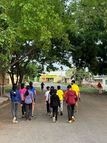 Young campers on a morning walk through the camp area. We encourage kids to disconnect from screens and connect with nature and each other.