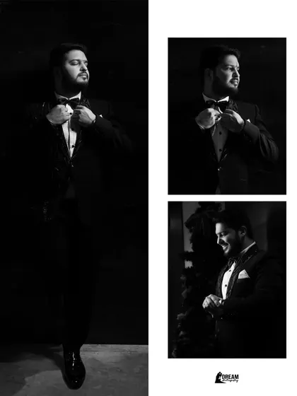 A collage of groom Sunny looking sharp in his tuxedo, getting ready for his Sagan ceremony.
