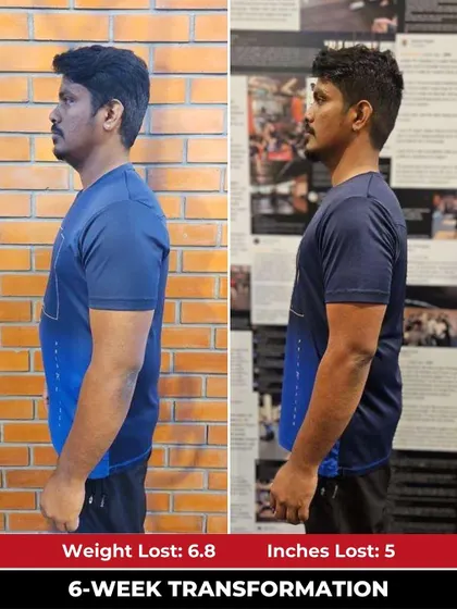 The side profile of Srinivas's transformation highlights his improved physique after receiving personalized coaching and guidance.