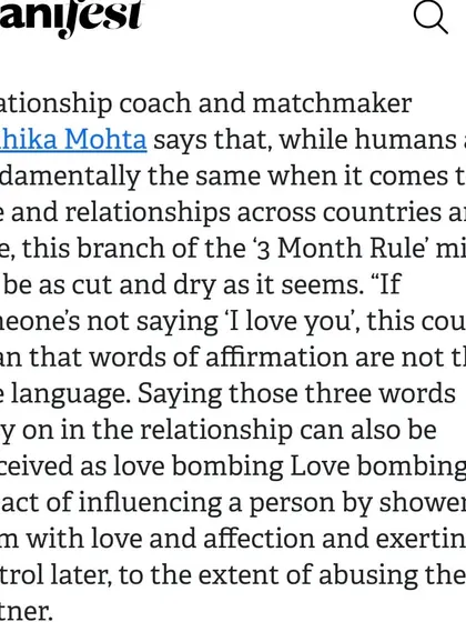 I talked to Manifest about the popular '3 Months Rule' in relationships. I explained that it's not so cut and dry, as it can be confused with love bombing or misinterpret different love languages.