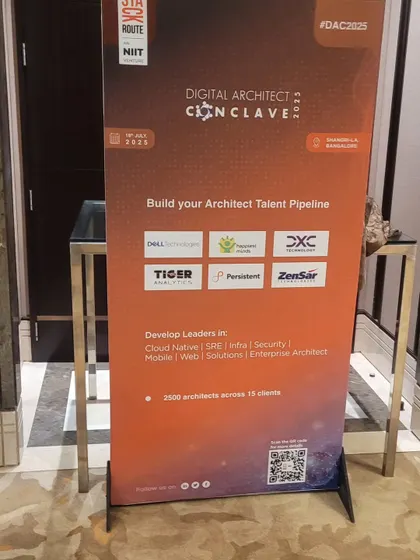 A branded standee for the Digital Architect Conclave, featuring logos of major corporate sponsors like Dell and Tiger Analytics. We ensure all branding elements are perfectly placed.