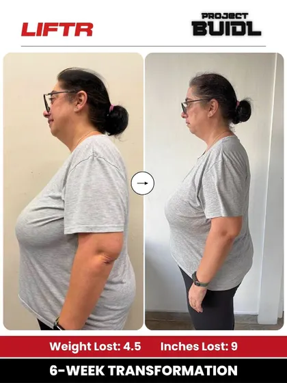 Melanie's side profile shows a 4.5 kg weight loss and 9-inch reduction, achieved by stacking small wins daily with our expert coaching.