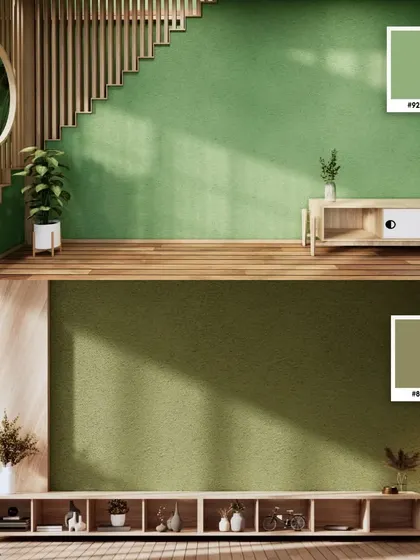 Can't decide on a shade of green? This image shows two options, a lighter minty green and a deeper olive green, both creating a natural and calming atmosphere in any room.