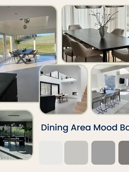 This dining area mood board focuses on creating a warm and inviting space with a neutral color palette, rich wood textures, and statement lighting.