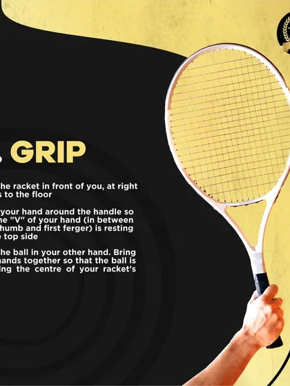 The second step to a great serve is the grip. We teach the proper way to hold the racket, ensuring the "V" of your hand is correctly positioned to allow for maximum control and power upon impact.