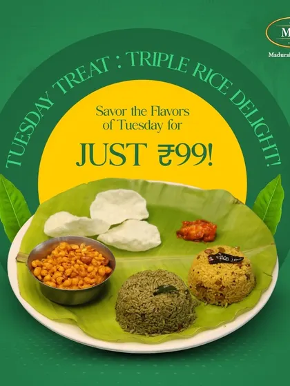 A special Tuesday Treat. This triple rice delight offers three of our flavorful rice varieties, served with papad and pickle.
