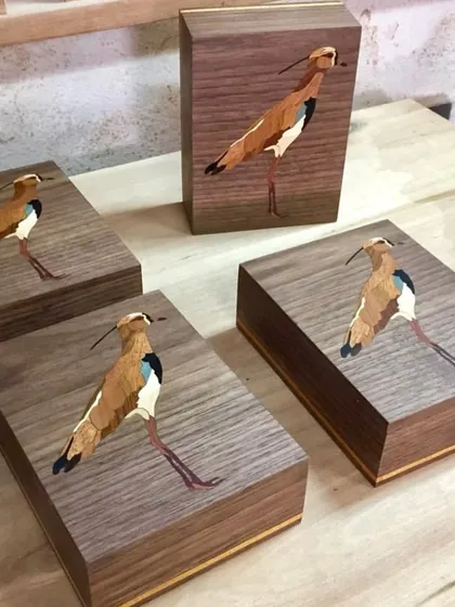 Veneer inlay is a beautiful, subtle art form. Here, my artisans have used different wood veneers to create these stunning bird motifs, perfect for adding a touch of nature-inspired detail to furniture or decor boxes.