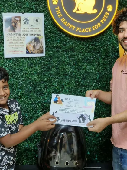 A successful adoption. This young boy and his family are all smiles as they receive their adoption certificate after choosing to give a kitten a forever home. This is the best possible outcome for our drives.