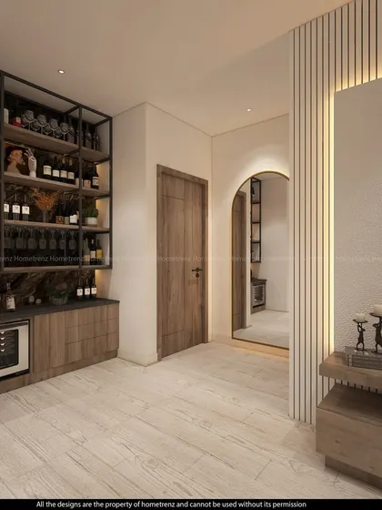 A view of the home bar unit from the side, showing how it is neatly integrated into a hallway space.