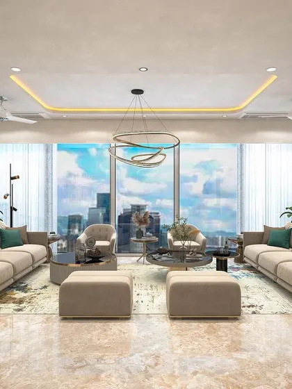 A render of a spacious living room designed to maximize its panoramic city views. The symmetrical furniture layout creates a formal yet comfortable setting, perfect for both relaxing and entertaining.