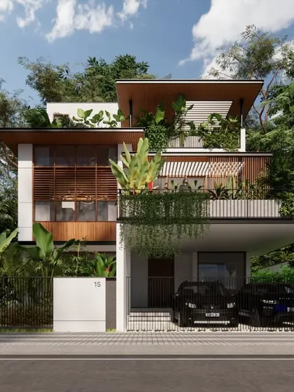 A wide-angle render of the Still House, capturing its relationship with the sky and the dense green landscape it inhabits.