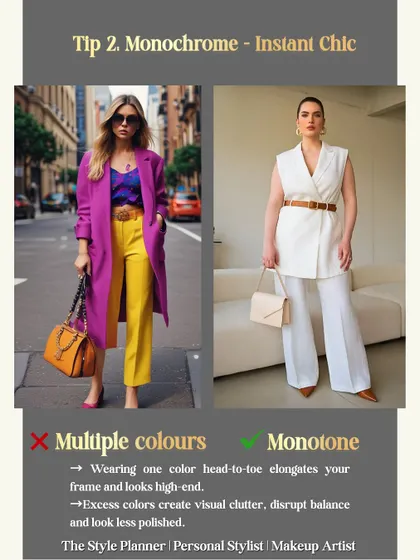 Tip 2: Go for monochrome. Wearing one color head-to-toe not only looks high-end but also elongates your frame. It's an instant recipe for chic.