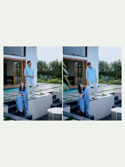 A two-panel shot of the couple posing near a modern house with a pool, showcasing their playful and relaxed interaction.