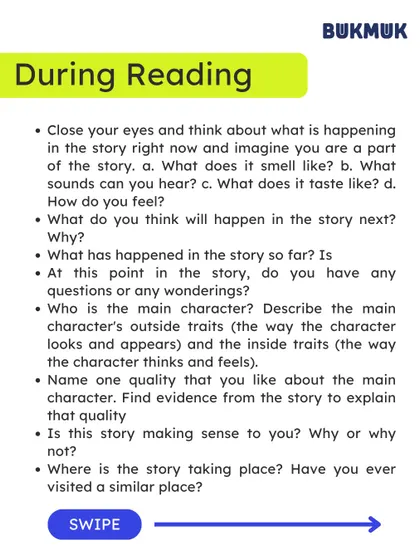 'During Reading' prompts for children under 8. Questions like "What does it smell like?" or "What do you think will happen next?" help them connect with the story on a sensory and imaginative level.