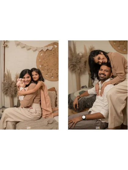 A diptych of portraits showing a mother with her two daughters and a loving moment between the parents.